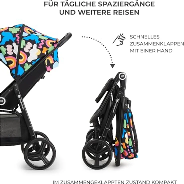 Kinderkraft GRANDE PLUS Buggy, für Kinder bis 22 kg, zusammenklappbar mit einer Hand, verstellbare Liegeposition, großes Verdeck mit Fenster, gedämpfte Räder, geräumiger Sitz, Happy Shapes – Bild 3