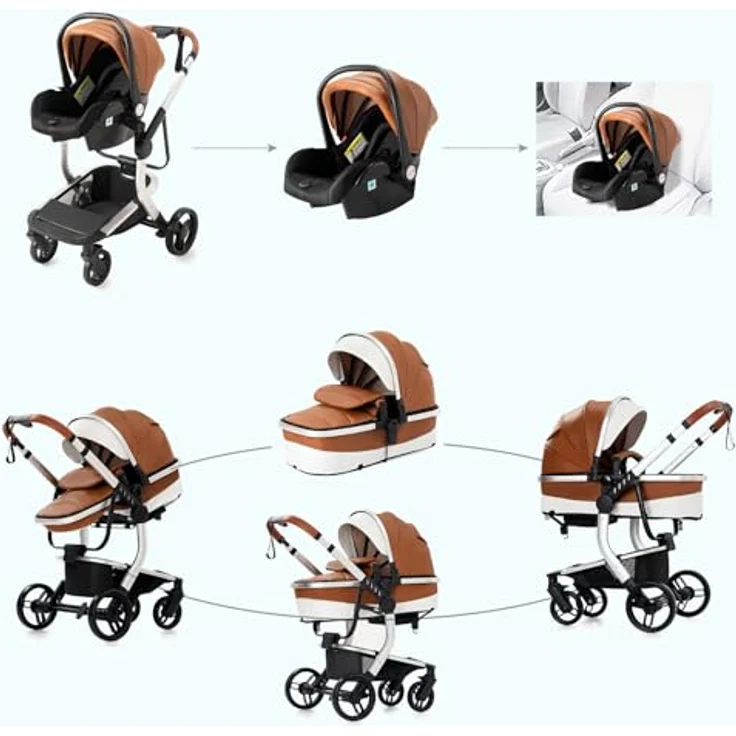 3 in 1 Kombikinderwagen Kinderwagen 3-in-1 Dreirad Lauflernhilfe Hochlandschaft Kinderwagen Faltbarer Kinderwagen Babywagen Babywagen für Baby 0-36 Monate (khaki 518) – Bild 4