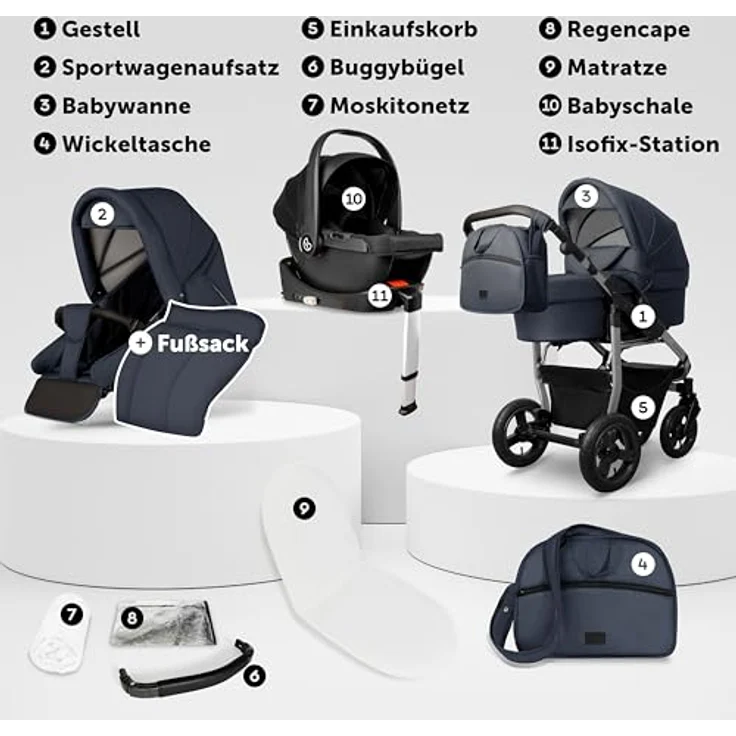 Bergsteiger Capri Kombikinderwagen 4-in-1, Babywanne, Sportsitz, i-Size Babyschale, Isofix-Station, höhenverstellbar, faltbar, mit Luftreifen und Zubehör – Bild 3