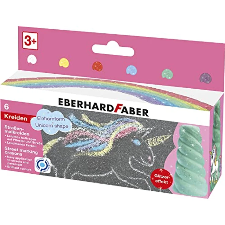 Eberhard Faber 526560 - Straßenmalkreiden mit Glitzereffekt, in 6 leuchtenden Farben und Einhornform, für bunten Malspaß auf Asphalt und Gehwegen – Bild 1