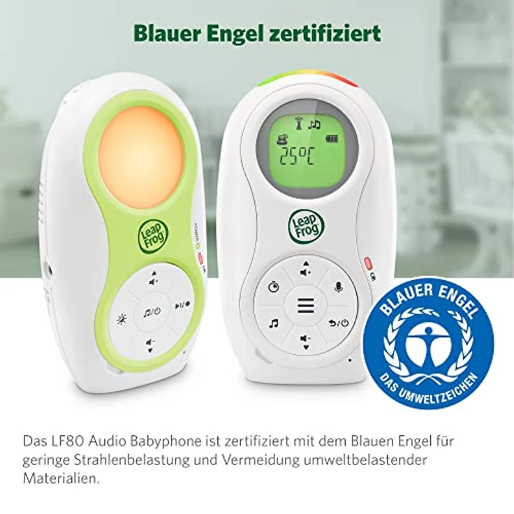 LeapFrog LF80 Babyphone Audio-Überwachung, Digitales Babyfon mit Zwei Akkus, große Reichweite Babyphone ohne Kamera, Temperatursensor, Erinnerungsfunktion, Geräuschanzeiger, Nachtlicht, Stimmaufnahme – Bild 2
