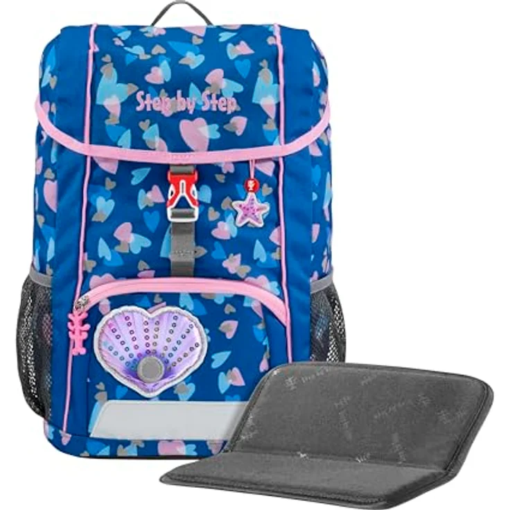Step by Step Rucksack-Set Kid Reflect „Seashell Pearl“, blauer-rosa Mini-Ranzen mit ergonomischen Tragegurten und Sitzkissen, 13 l für Kindergarten und Freizeit – Bild 1