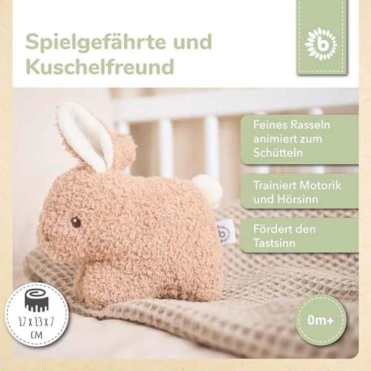 Bieco Kuscheltier Hase Fine mit Rassel aus Bouclé, kleines Stofftier für Babys, ideal für 0-6 Monate, fördert Feinmotorik und Sehvermögen – Bild 2