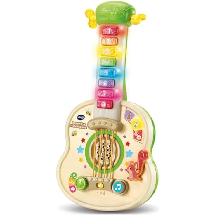 Vtech Interaktive Holz-Gitarre, 3 Spielmodi, 8 bunte Tasten, aufleuchtende Gitarrentasten, 4 gesungene Lieder, kindersicheres Batteriefach – Bild 1