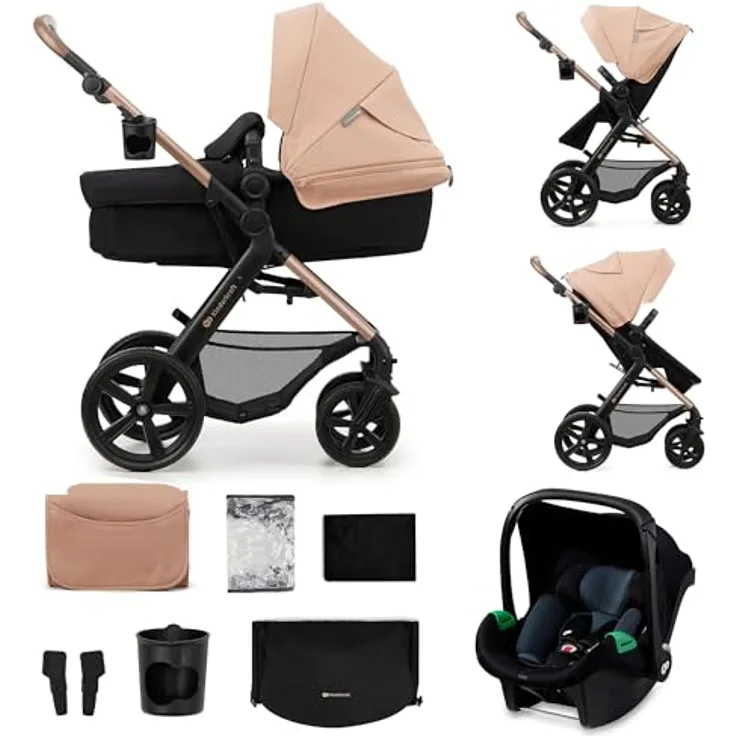 Kinderkraft MOOV 2, 3-in-1 Kinderwagenset bis 22 kg mit I-SIZE Kindersitz 40-75 cm, verstellbare Liegeposition, Buggy-Funktion, großes ausziehbares Verdeck, pannensichere Eva-Schaum-Räder, Beige