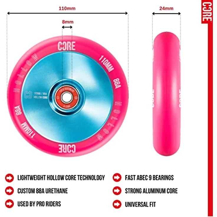 Core Action Sports Core Hollow V2 Stunt-Scooter, 110mm Rolle in Hellblau/PU Pink mit gewichtsreduzierendem Design und ABEC 9 Lagern – Bild 3
