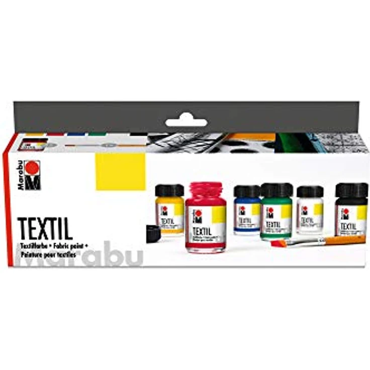 Marabu 1716000000087 - Textil Starter Set Grundfarben, Stoffmalfarbe, Wasserbasis, für helle Stoffe, weicher Griff, waschbeständig bis 60°C, für Stoffmalerei und -druck, 6 x 15 ml Farbe und Pinsel – Bild 1