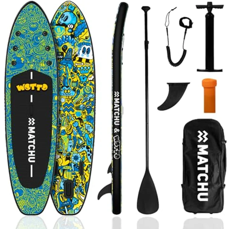 MATCHU Aufblasbares SUP Board, Limited Edition mit Wotto Collection Design, 320x81x15 cm, 150 kg belastbar, Komplettset mit Zubehör, UV-Drucktechnologie, Zertifikat inklusive – Bild 1