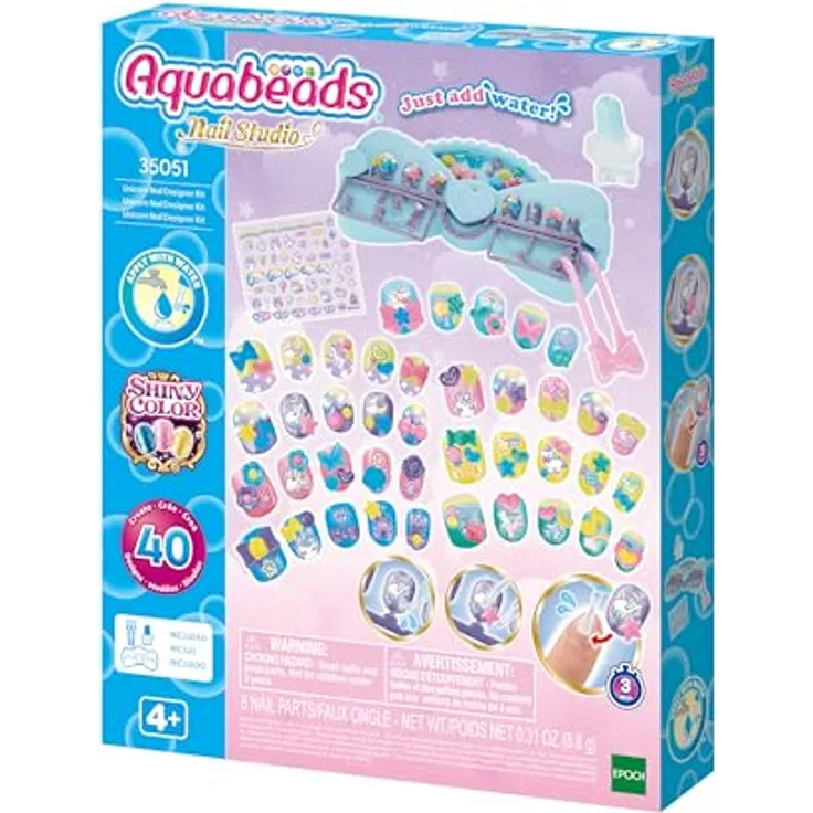 Aquabeads Kreativset Nagelstudio Design Kit Magische Einhörner, mit 40 farbigen Fingernägeln, wasseraktivierten Dekorationselementen und Designvorlagen