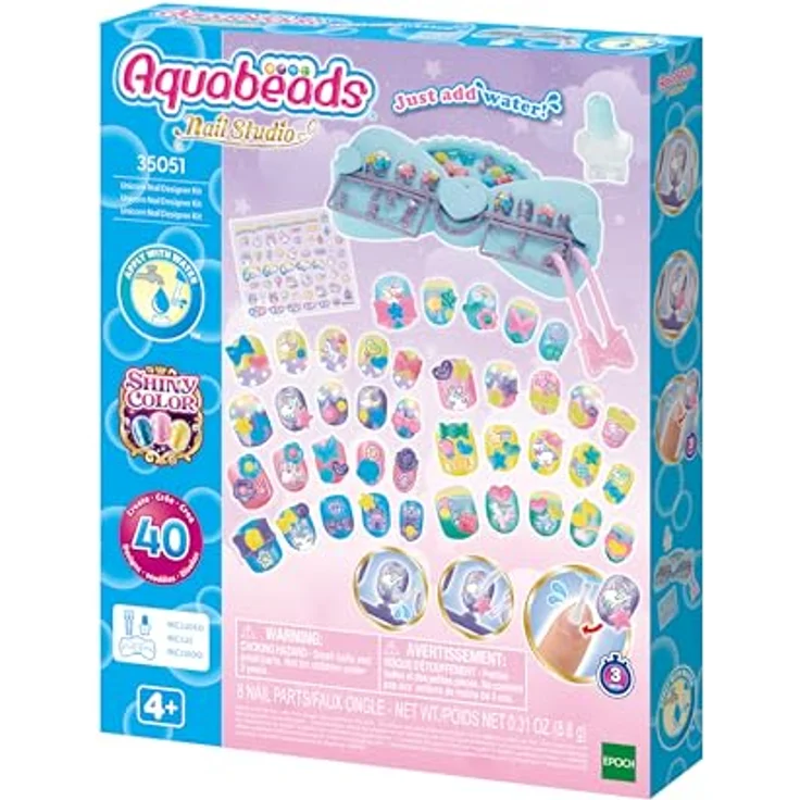 Aquabeads Kreativset Nagelstudio Design Kit Magische Einhörner, mit 40 farbigen Fingernägeln, wasseraktivierten Dekorationselementen und Designvorlagen – Bild 1
