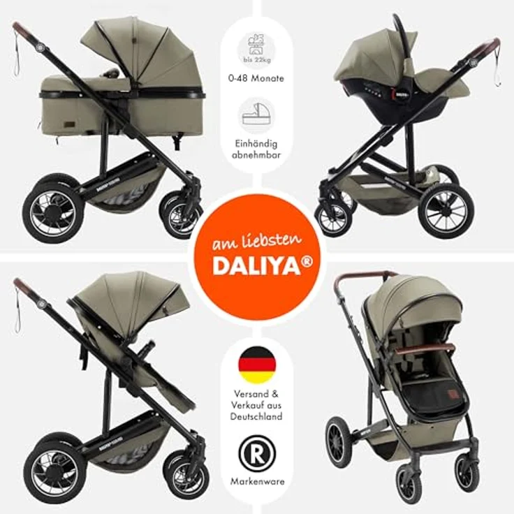 Daliya® FLEXI-PRO M 3-in-1 Kinderwagen & Buggy mit i-Size Babyschale, leichten Aluminiumrahmen, großen Einkaufskorb und einhändig abnehmbarer Babywanne, schwarz – Bild 2