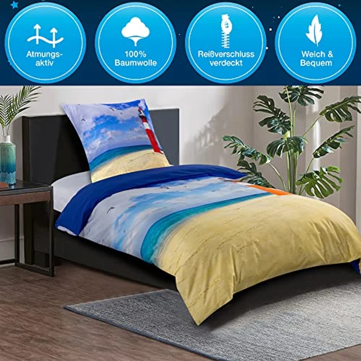 Sanilo® Bettwäsche 135x200 cm, 100% feinste Baumwolle, 4-teilig, Bettbezug, Kissenbezug 80x80cm, Oeko-TEX Zertifiziert (Leuchtturm) – Bild 4