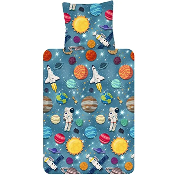 ESPiCO Bettwäsche Trendy Bedding Spaceworld Weltraum Astronaut Rakete Erde Saturn Sterne Flanell, 135 cm x 200 cm, für Kinder und Jugendliche in blau – Bild 1