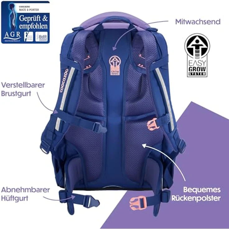 Coocazoo Schulrucksack Mate „Tarp Frosty Lilac”, ergonomischer & anpassbarer Tornister, höhenverstellbar, mit Brustgurt & Hüftgurt, 30 Liter Volumen, lila – Bild 4