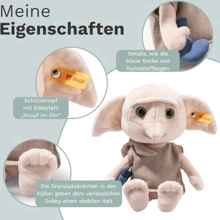 Steiff Kuscheltier Dobby, Harry Potter, 26 cm Plüschtier mit Kunststoffaugen, mehrfarbig, handgefertigt, waschbar bei 30°C – Bild 3