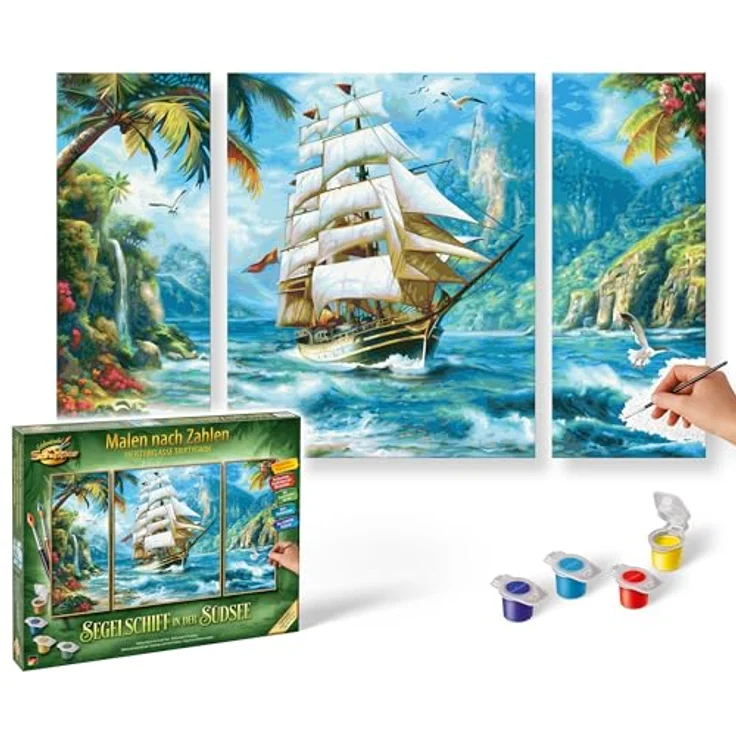Schipper MNZ Segelschiff in der Südsee, Malen-nach-Zahlen Set im Triptychon-Format mit 42 Acrylfarben und Leinstruktur, 80 x 50 cm – Bild 1