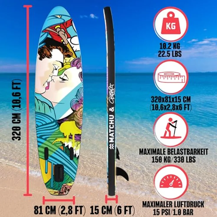 MATCHU Aufblasbares SUP Board - Paddelbrett, Limited Edition mit Zertifikat, Komplettset, 320x81x15 cm, belastbar bis 150 KG, Art Collection (BustArt Collection) – Bild 2