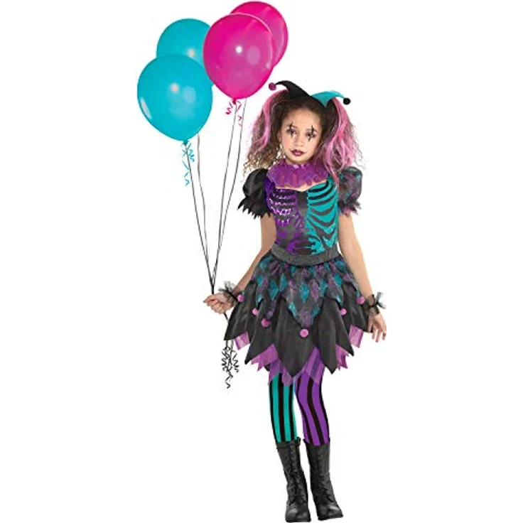amscan 9904758 Gruseliges Harlekin-Halloween-Kostüm für Mädchen, Alter 8-10 Jahre, inkl. Kleid, Manschetten, Kragen, Stirnband und Strumpfhose – Bild 1