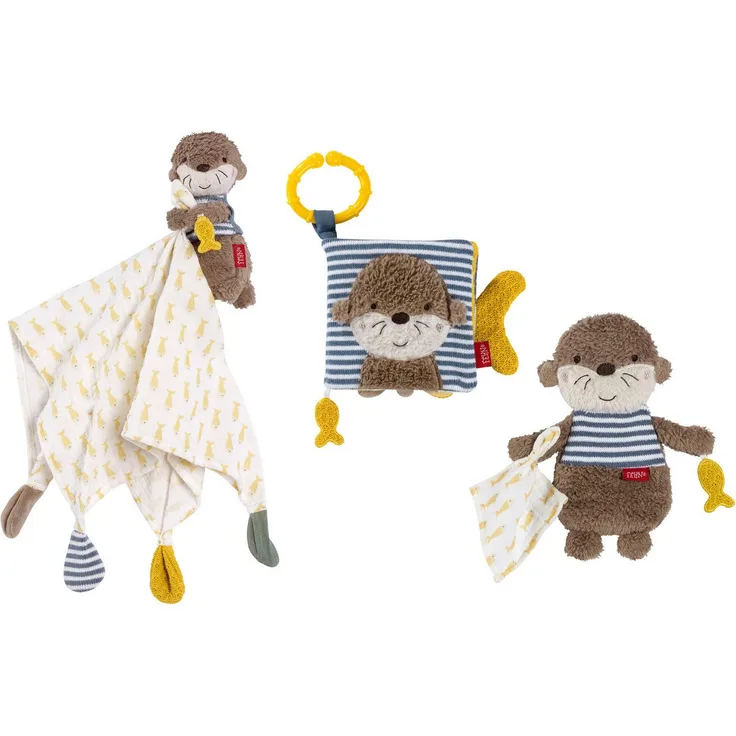 Fehn Schmusetuch Otter Theo, Geburts-Set mittel, (3-tlg), mit Musselin-Schmusetuch, Stoffbuch mit Quietsche und Knister-Otter, für Babys ab 0+ Monaten
