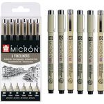 Sakura Pigma Micron Fineliner-Set, schwarz, 6 St. mit dokumentenechten, wasserfesten Tinten in 6 Spitzenbreiten von 0,2 bis 0,5 mm