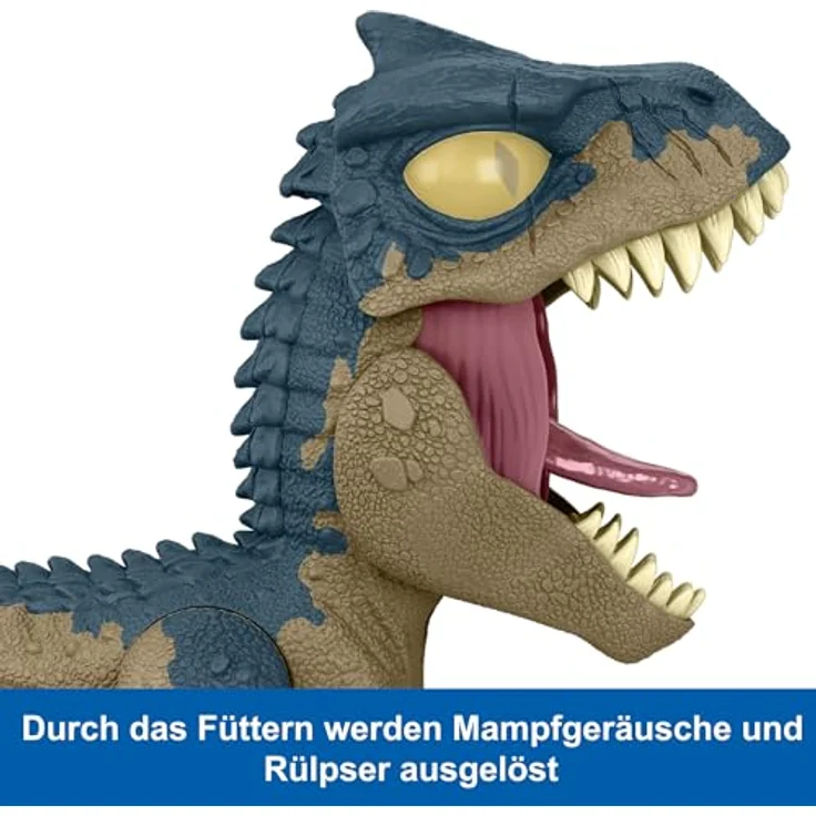 Mattel Jurassic World Mega Roar Allosaurus, Dinosaurier-Spielzeug mit Geräuschen, flexiblen Sehnen und Fütterzubehör, 20 cm – Bild 2