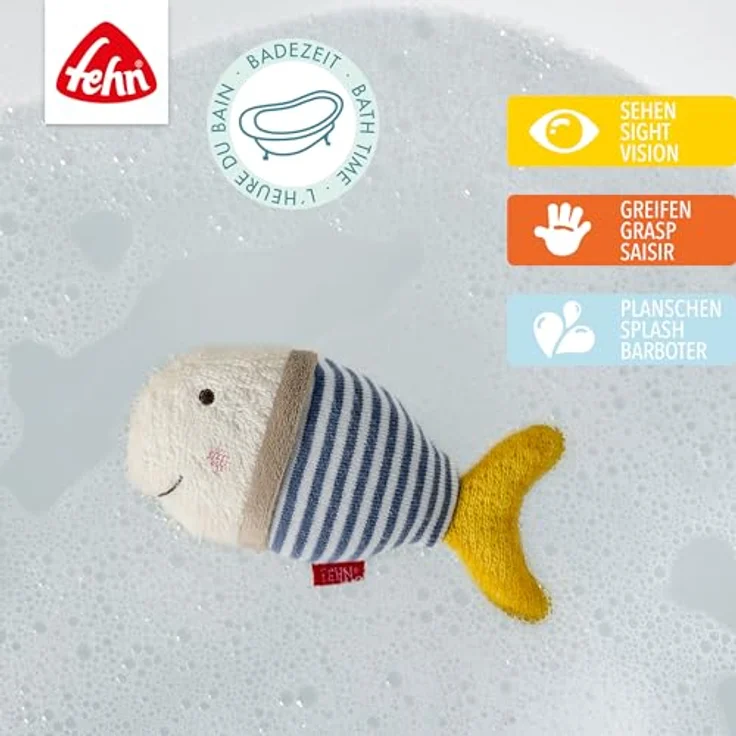 Fehn Badetier Fisch – Badeschwamm für Babys, weiches Material & fröhlicher Spielspaß, 16cm, Frottee/Velours, blau – Bild 2