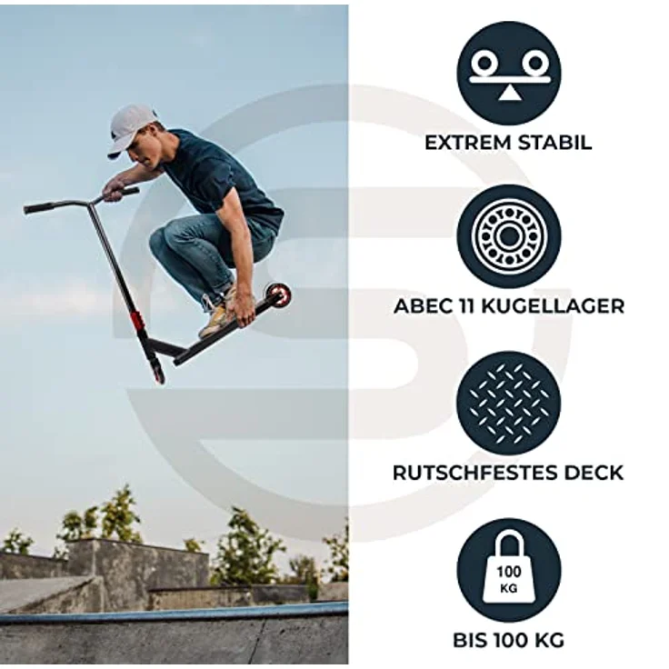 Sportisfaction Stuntscooter Rot, Profi Roller mit ABEC11 Kugellagern, 4-fach Klemme, belastbar bis 100kg, Alu-Deck 50x11cm, robustes Design für Tricks & Rampen – Bild 4