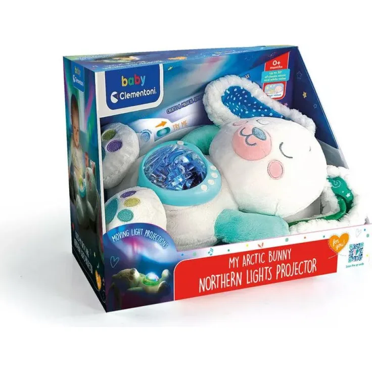 Clementoni Nordlichter-Plüsch Nachtlicht, Projektor mit sanfter Beleuchtung und weichem Plüsch, 26 cm hoch, 33 cm lang, für Kinder ab 0 Monaten