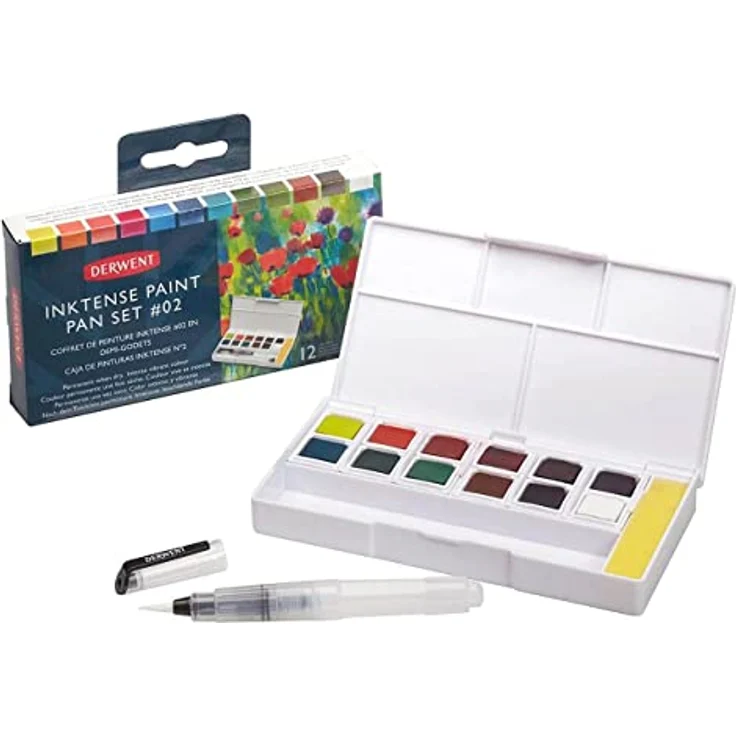 Derwent Inktense 12 Farbtöpfchen #2, wasserlöslich, 12er Set (halbe Töpfchengröße), professionelle Künstlerfarben für Papier und Stoff, Reisegröße – Bild 2