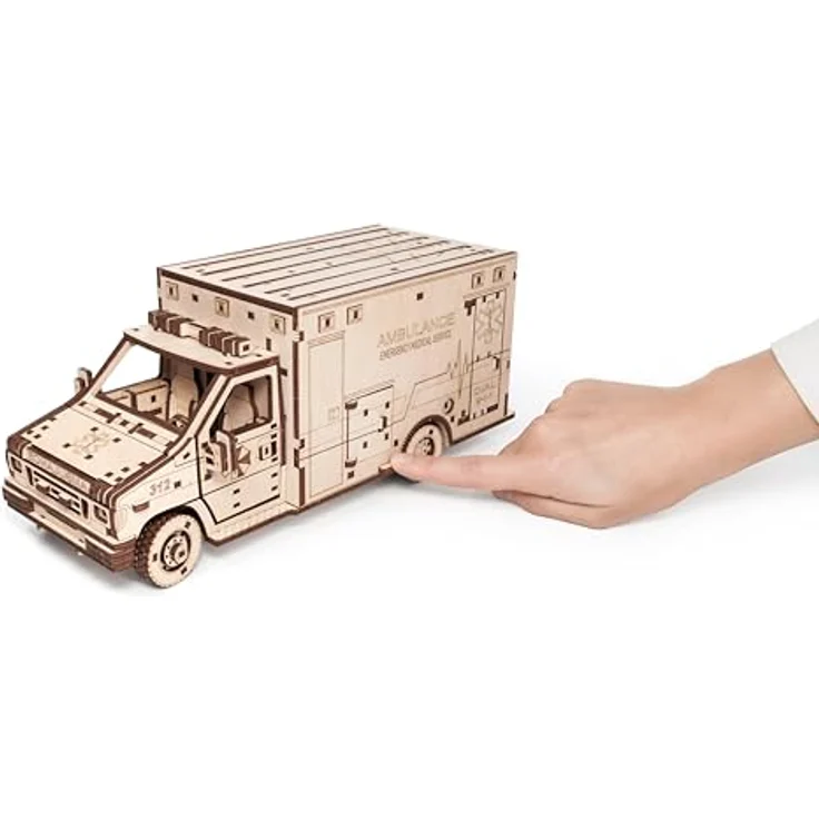 EWA Eco-Wood-Art 3D Puzzle Krankenwagen EWA, Holzmodell mit 386 lasergeschnittenen Teilen und mechanischem Aufziehmotor – Bild 2