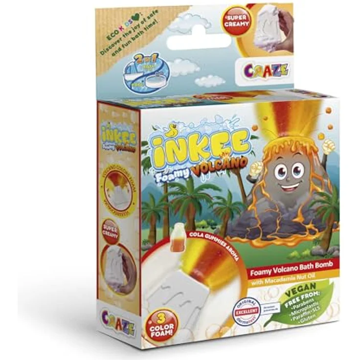 INKEE Foamy Volcano | Badebombe Kinder in Vulkan-Form, Badekugel Kinder Gelb, Rot & Orange mit Cola-Duft & Macadamia-Öl, Super Cremig – Bild 2