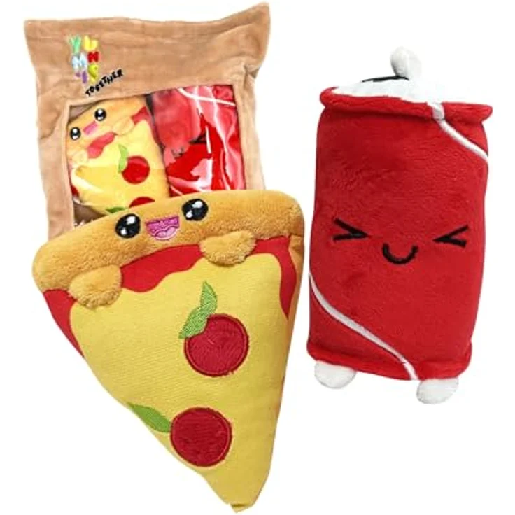 Joy Toy Yummies Together Pizza und Cola, 2-fach Plüschset 15 cm in Take Away Plüsch Tasche 21x21 cm, ideal als Geschenk für Kinder und Fast-Food-Fans – Bild 1