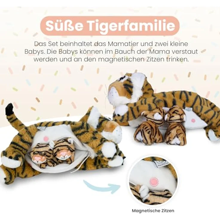 Mamanimals 2020610, Tiger Plüschtier mit Wickeltasche für Babytierchen, CE-zertifiziert, ab 0+ – Bild 3