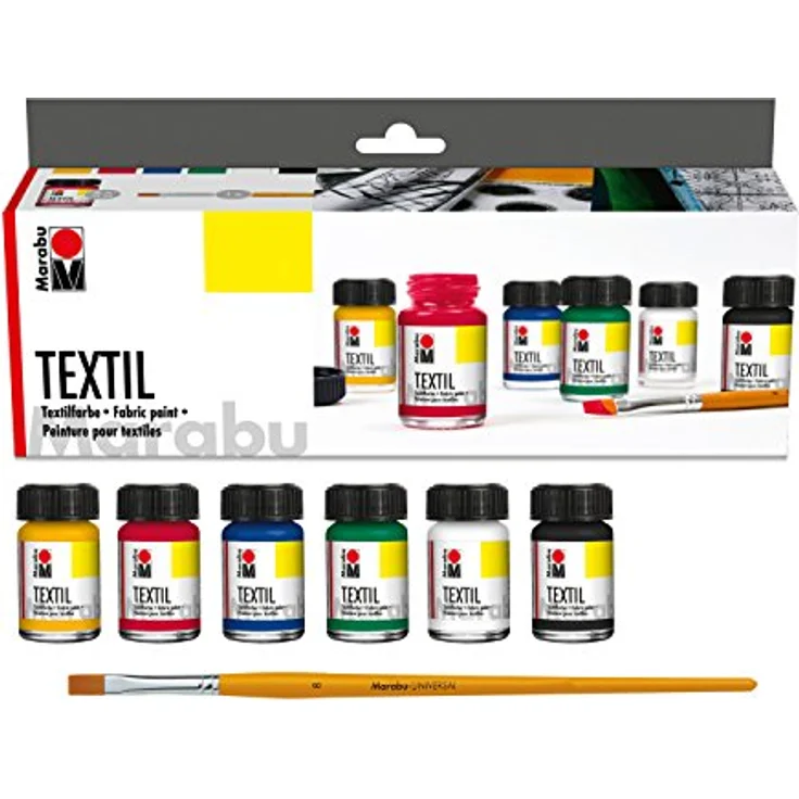 Marabu 1716000000087 - Textil Starter Set Grundfarben, Stoffmalfarbe, Wasserbasis, für helle Stoffe, weicher Griff, waschbeständig bis 60°C, für Stoffmalerei und -druck, 6 x 15 ml Farbe und Pinsel – Bild 4