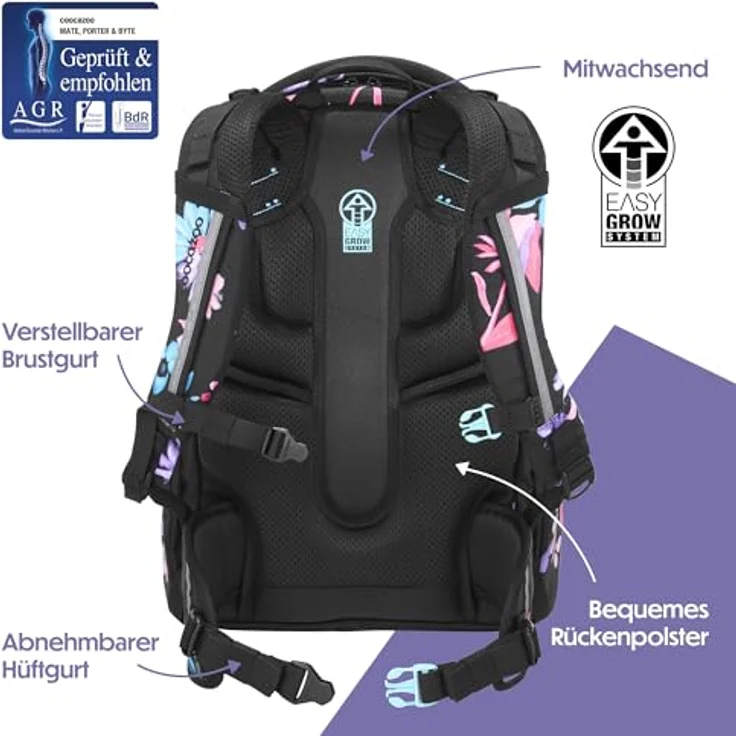Coocazoo MATE Schulrucksack „Floral Artnight”, ergonomisch und anpassbar, schwarz-blau, 30 Liter, höhenverstellbar, mit Brustgurt und Hüftgurt, ab der 3. Klasse – Bild 4