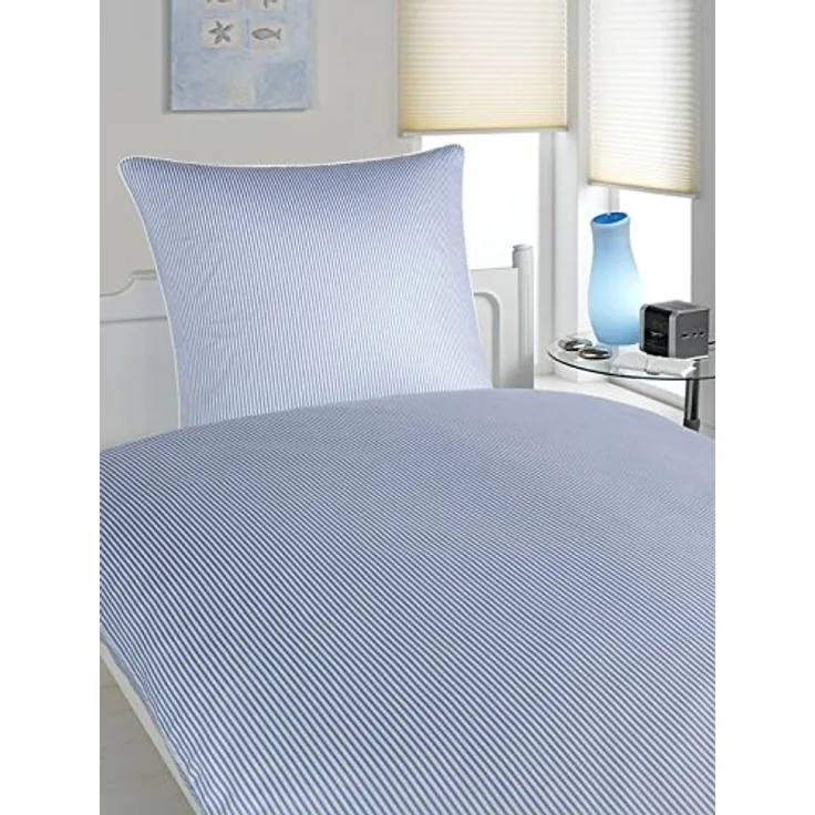 elegante Mako-Satin Bettwäsche Hamburg Streifen 135x200cm+40x80, Farbe blau-weiß