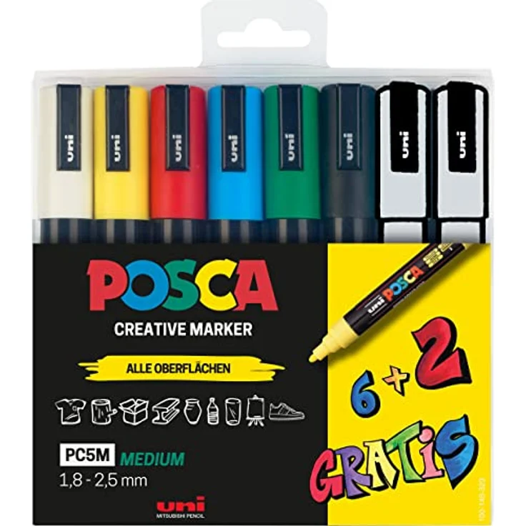 uni-ball 186826 - POSCA Marker Set, 8er Etui Acrylstifte PC-5M, 1.8 - 2.5 mm, 6 Standardfarben + 2 wechselnde Sonderfarben – Bild 1