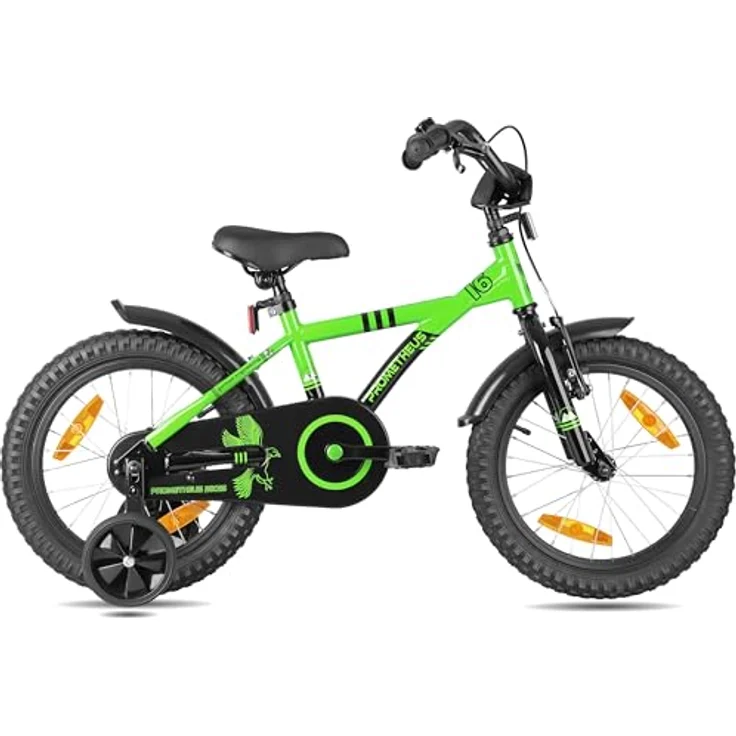 PROMETHEUS BICYCLES Kinderfahrrad 16 Zoll ab 5 Jahren - Kinder Fahrrad Mädchen Jungen Fahrrad Kinder mit Stützräder Rücktrittbremse in Grün Schwarz, leichter Rahmen, Bremsen, Sicherheitspaket – Bild 2