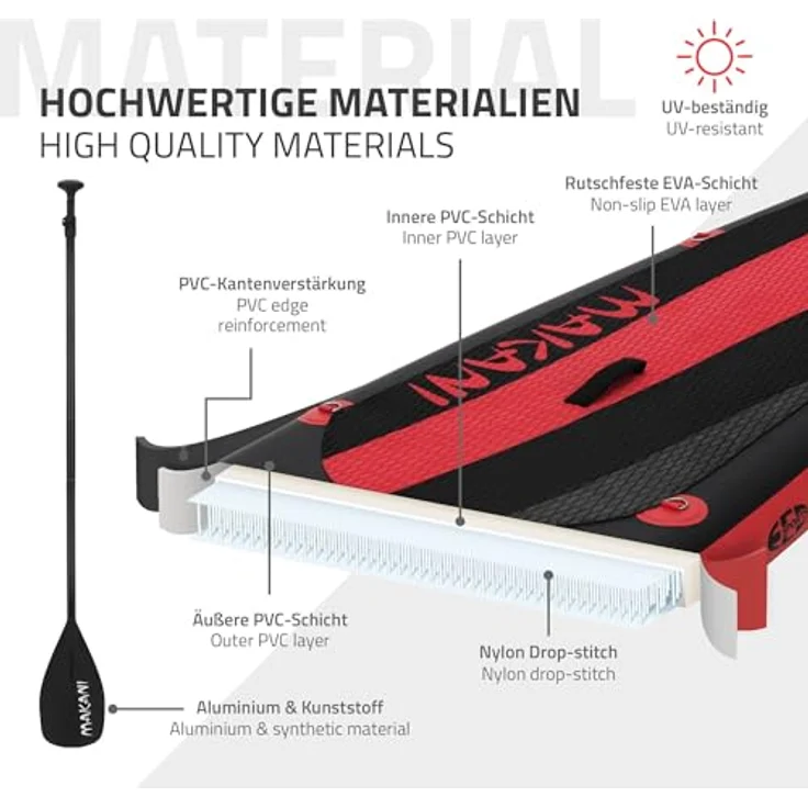ECD Germany Aufblasbares Stand Up Paddle Board Makani 320x80x15 cm, Schwarz-Rot, aus PVC, bis 120 kg, Komplettset mit Paddel, Pumpe und Tragetasche – Bild 5