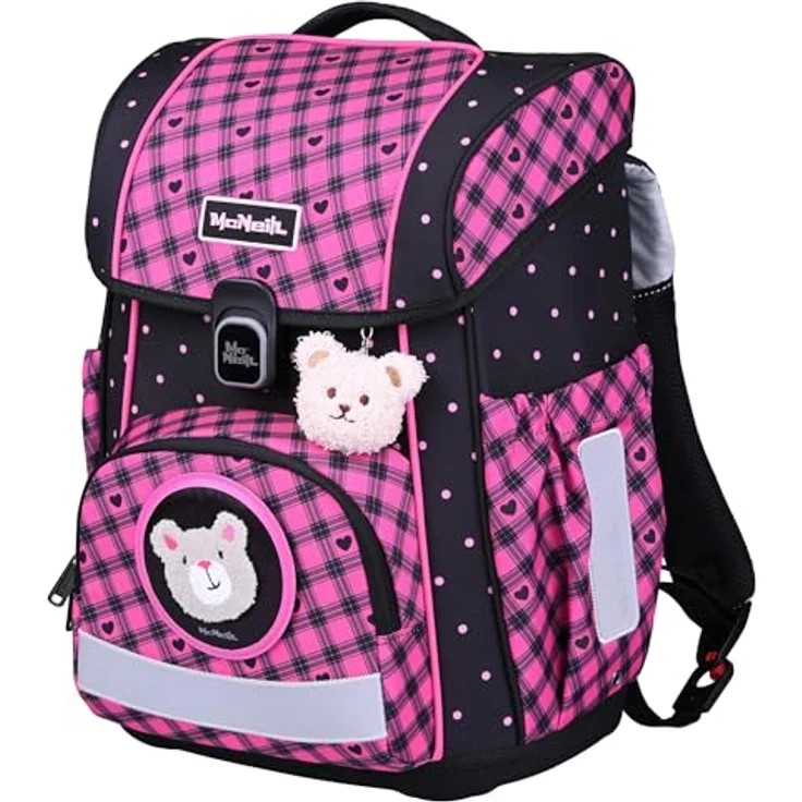 McNeill Schulranzen-Set BRAVO 9tlg. BUDDY, ergonomisch, schwarz-rosa Teddy-Herzen, inkl. gefülltem Etui, Sportbeutel und Trinkflasche – Bild 3