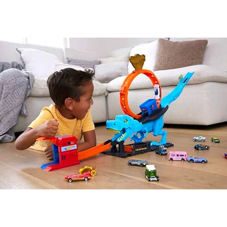 Hot Wheels HNP77 - HW City Trackset mit 1 Spielzeugauto, Riesenlooping, großer besiegbarer Dinosaurier, Stunt- und Renn-Spielset mit T-Rex-Looping-Stunt, Spielzeug Autos ab 4 Jahren – Bild 3