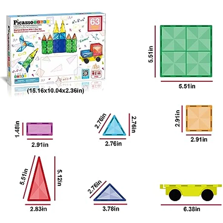 PicassoTiles Magnetische Bausteine in Diamantform, 63 Stück – Fliesenblöcke mit Auto und LKW – Set d – Bild 5
