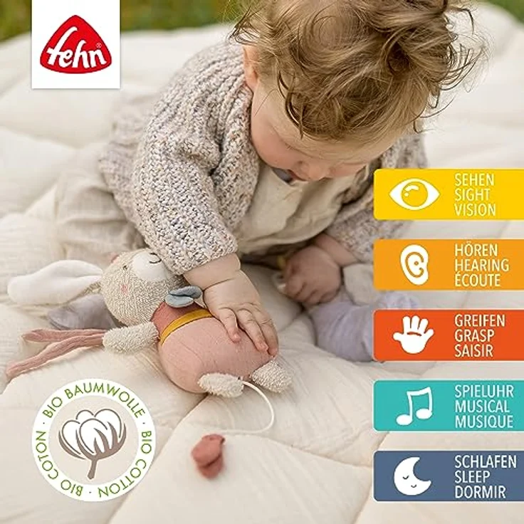 Fehn Mini-Spieluhr Hase fehnNATUR – Kuscheltier & Einschlafhilfe mit Baumwolle (kbA) – Melodie „Mozarts Wiegenlied“ beruhigt in jeder Situation zuhause & unterwegs – für Babys & Kleinkinder – Bild 2