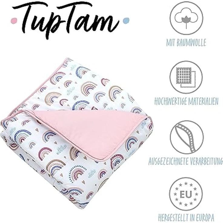 TupTam Krabbeldecke XXL 120x120 cm, gepolsterte Spieldecke aus 100% Baumwolle, OEKO-TEX, weich & hautfreundlich, Farbe: Regenbogen Blau Rosa – Bild 2
