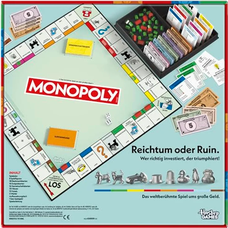 Monopoly Basisspiel mit Aufbewahrungsfach und größeren Spielfiguren - Deutsche Fassung, Brettspiel mit 8 Metallfiguren, inkl. Hund, Katze und Rennwagen – Bild 5