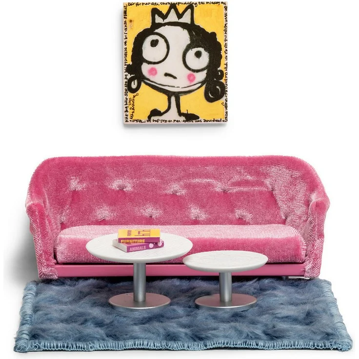 Lundby Puppenhausmöbel Wohnzimmer-Set Mädchen, Sofa mit Plüschpolsterung, 2 Couchtische, Teppich und Gemälde von Lisa Rinnevuo