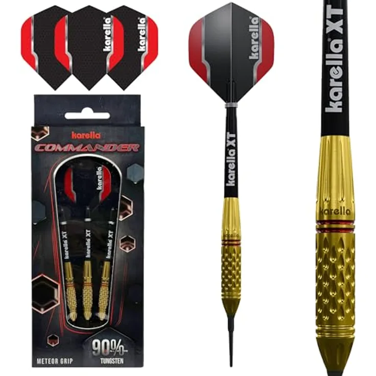 Karella Softdart Commander Gold 90% Tungsten Softdart, 20g, für elektronische Dartscheibe, 2BA Gewinde, 3 Dartpfeile mit Kunststoffspitze, Dartautomat, Wolfram, Profidart mit Flight und Shaft