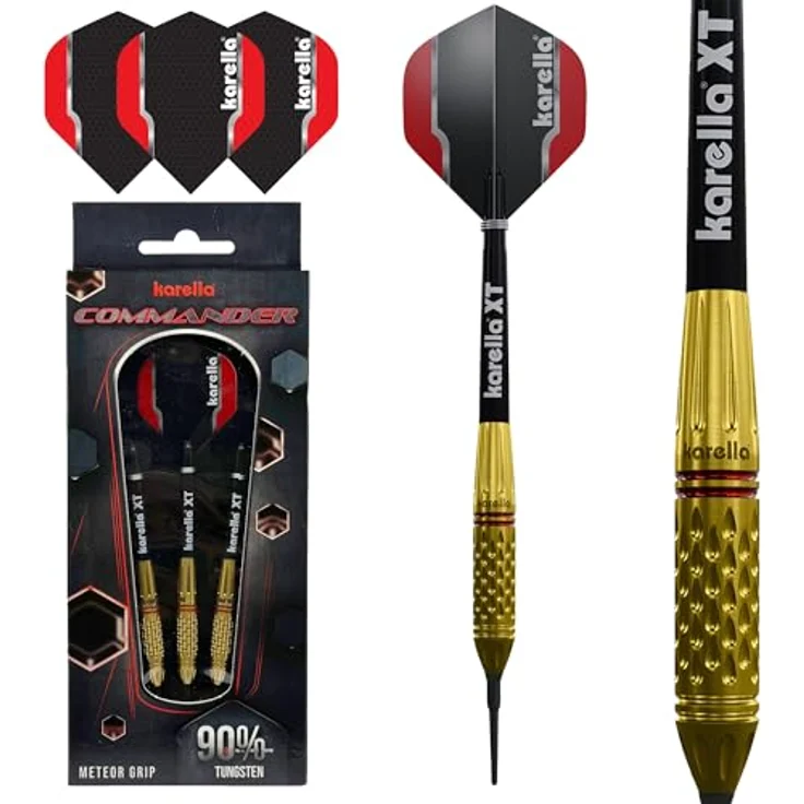 Karella Softdart Commander Gold 90% Tungsten Softdart, 18g, für elektronische Dartscheibe, 2BA Gewinde, 3 Dartpfeile mit Kunststoffspitze, Dartautomat, Wolfram, Profidart mit Flight und Shaft – Bild 1
