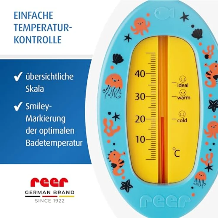 Reer Baby-Badethermometer oval, kindersicheres Bade-Thermometer mit optimaler Badetemperaturanzeige, quecksilberfrei, hoher Messbereich von 0 °C bis 50 °C, übersichtliche Skala, blau – Bild 4