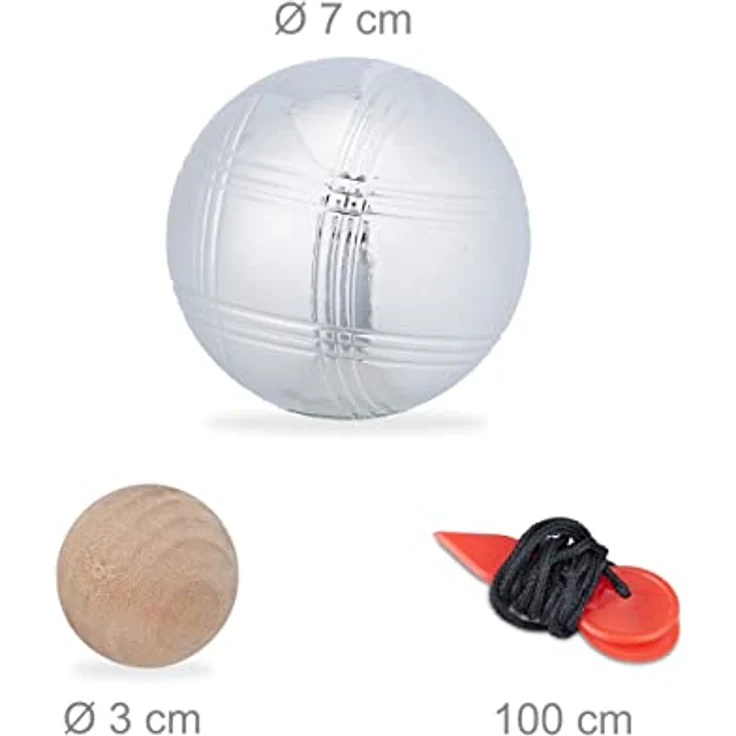 Relaxdays Boule Set, 3 Metall Kugeln mit Zielkugel, Abstandsmesser und Tragetasche, Silber/Schwarz, für Outdoor-Spiele – Bild 5